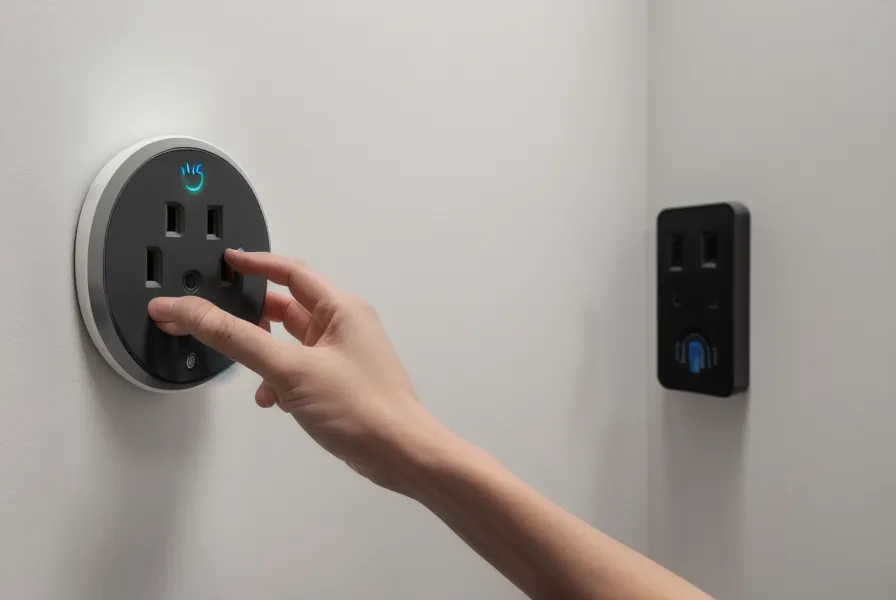 Gros plan d'une main tenant une prise connectée devant une prise murale standard.