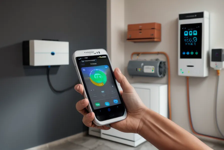 Un smartphone affichant une application de suivi d'énergie devant un onduleur solaire.