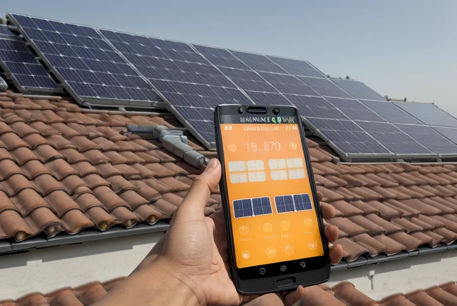 Écran de smartphone affichant une simulation de production solaire devant un toit de maison.