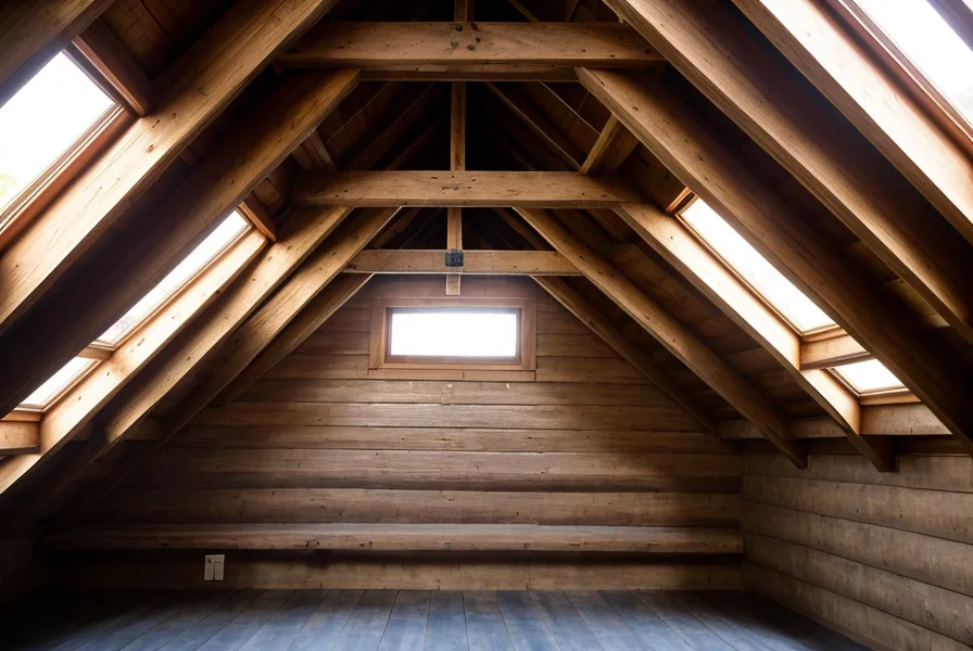 Vue intérieure d'une charpente ancienne avec chevrons en bois sous les tuiles