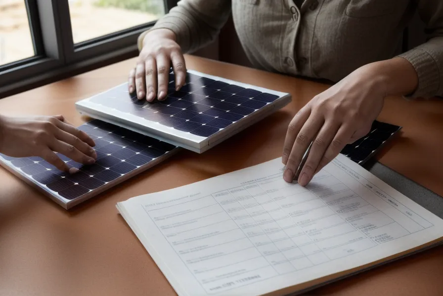 Une main désignant un détail précis sur un devis d'installation de panneaux solaires.